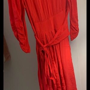 Claudie Pierlot Paris Midi Dress Women's 40 Red Ruched Sleeve Tie Waist High Low